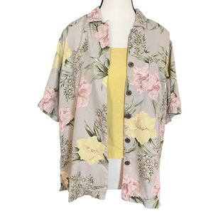 Kylani Bay Silk 2-piece Hawaiian Shirt Button Down & Tank Floral Womens Size M